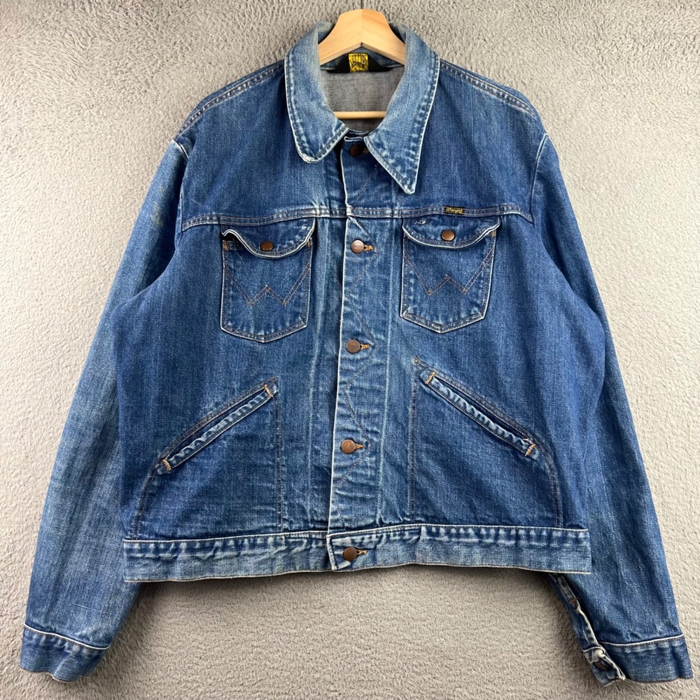 Vintage 70s  Wrangler Denim Jacket Mens Blue Made in USA Western Trucker Coat XL